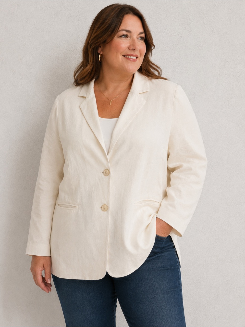 J.G Hook Women's Cream Single-Breasted Blazer - Tailored Linen-Blend 14WT